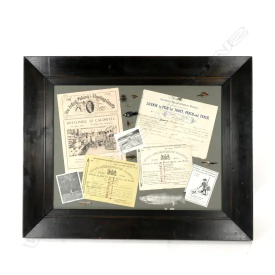 A framed and glazed display of NZ angling ephemera 1918-1927