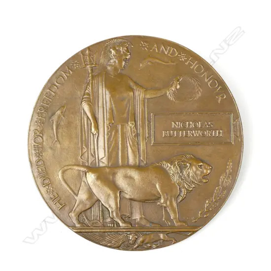 A WWI memorial bronze large circular plaque to Nicholas Butterworth