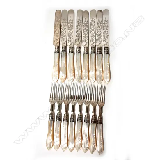 A set of Victorian silver and mother-of-pearl fruit knives and forks