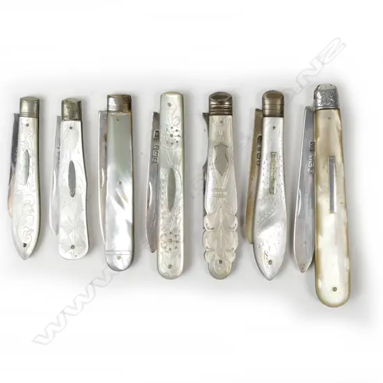 Six silver and mother of pearl fruit knives