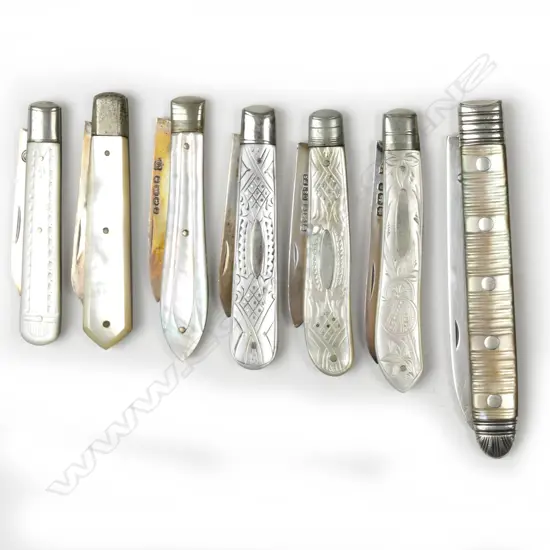 Seven silver and mother of pearl fruit knives