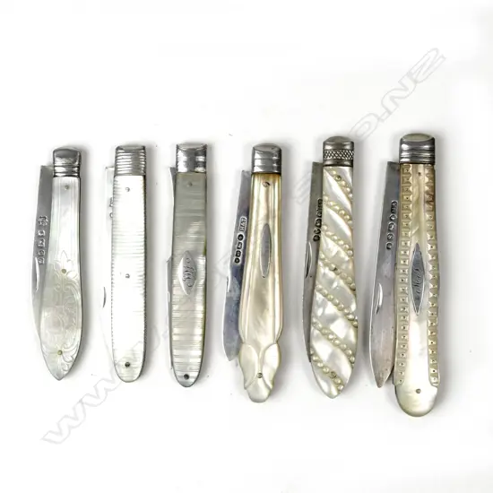 Five silver and mother of pearl fruit knives