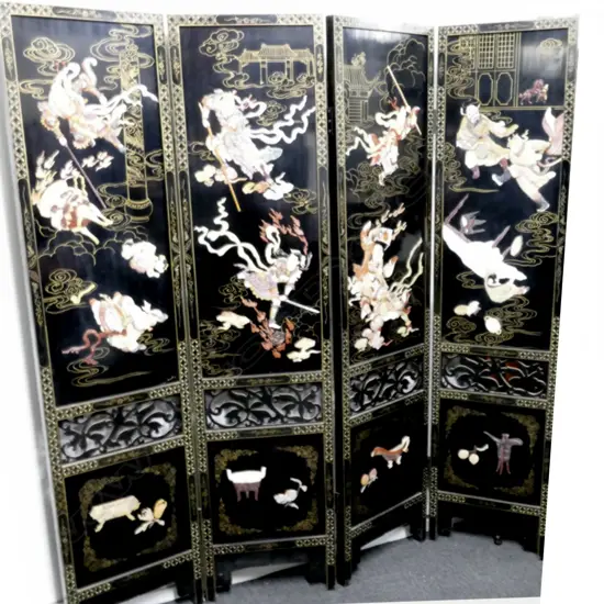 A Japanese four-fold black lacquer screen