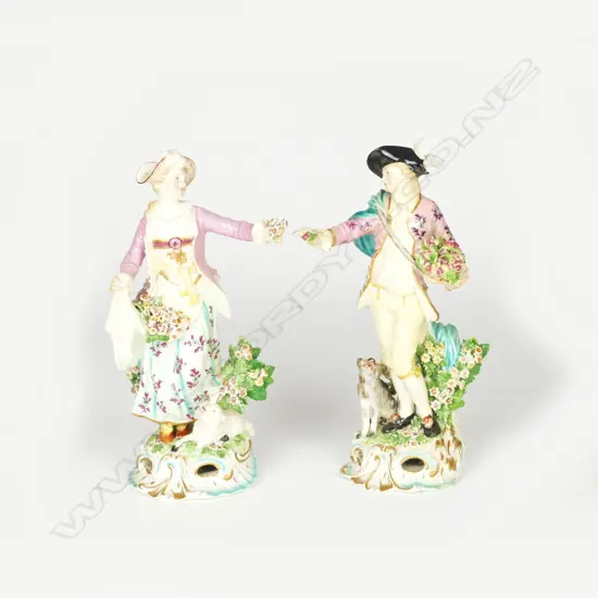 A pair of 18th century Derby figures of the Dresden Shepherd and Shepherdess
