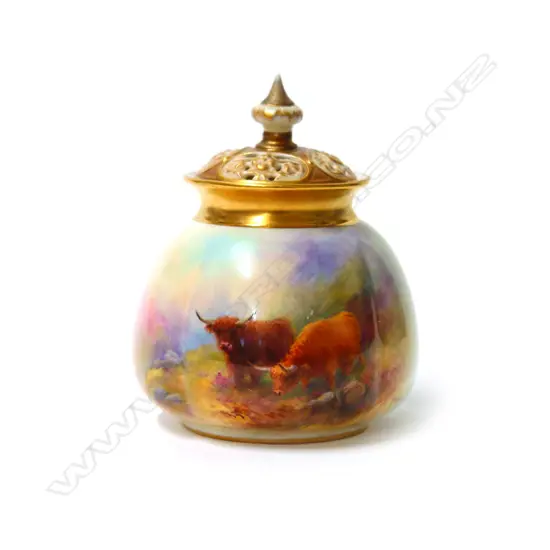 An early 20thC Royal Worcester Highland Cattle painted potpourri by Stinton