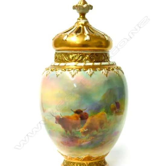A 1930s Royal Worcester Highland Cattle painted large potpourri by Harry Stinton