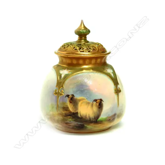 A c.1920 Royal Worcester Black Face Sheep painted potpourri signed E. Barker