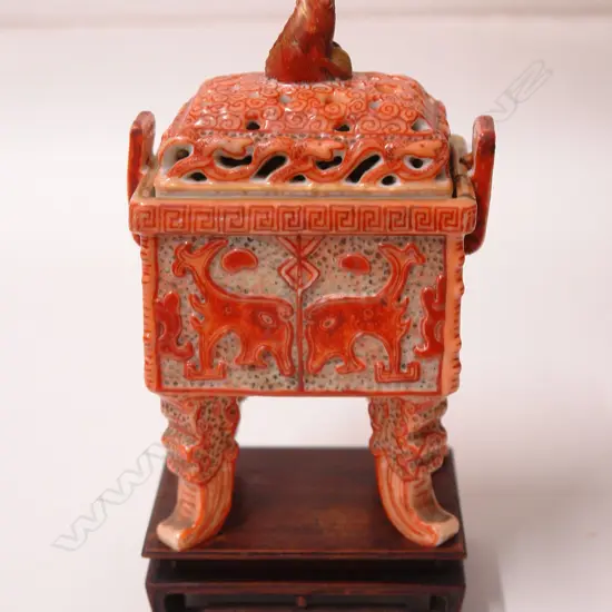 An old Chinese red glazed and painted censer on stand