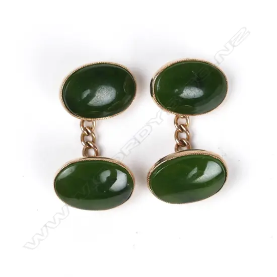 A pair of vintage 9ct. rose gold and greenstone cufflinks