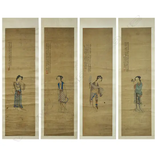 Four old Chinese finely painted scrolls of woman,