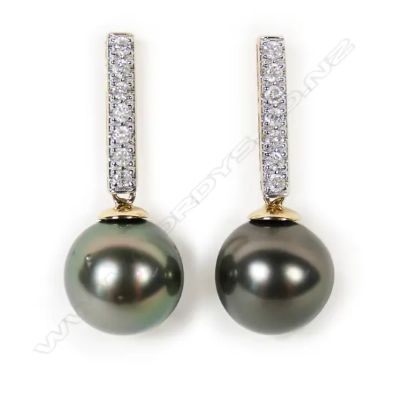 A pair of 14ct gold Tahitian pearl and diamond drop earrings,