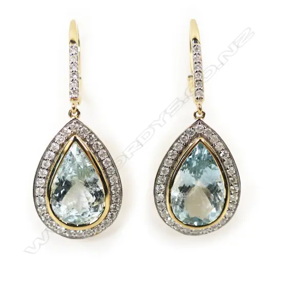 A pair of 14ct gold aquamarine and diamond halo drop earrings,
