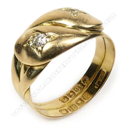A Victorian 18ct yellow gold and diamond double snake ring,