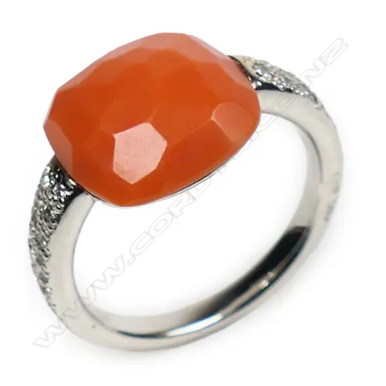 A contemporary Pomellato (Milan) 18ct white gold, diamond and coral dress ring,
