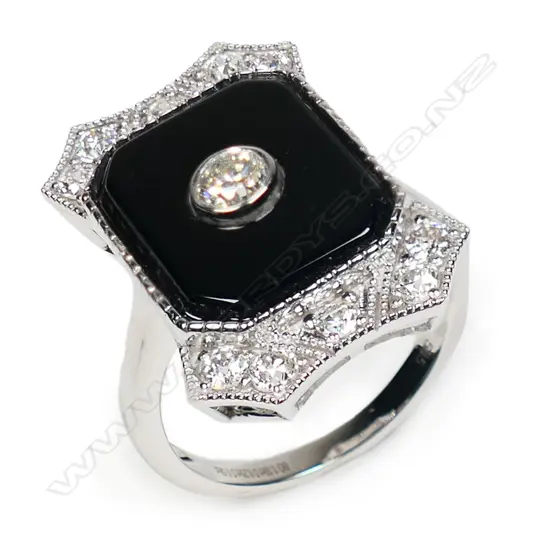 A 14ct white gold Art Deco style onyx and diamond ring,
