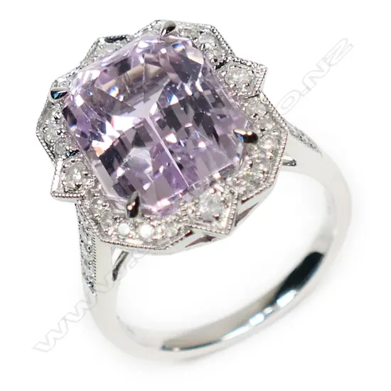 A 14ct white gold kunzite and diamond antique style ring,
