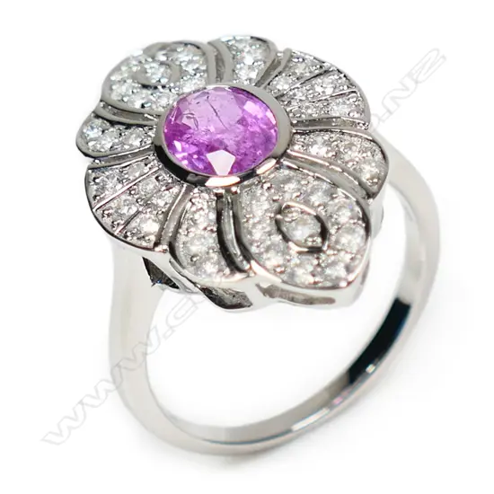 A 14ct white gold pink sapphire and diamond antique style ring,