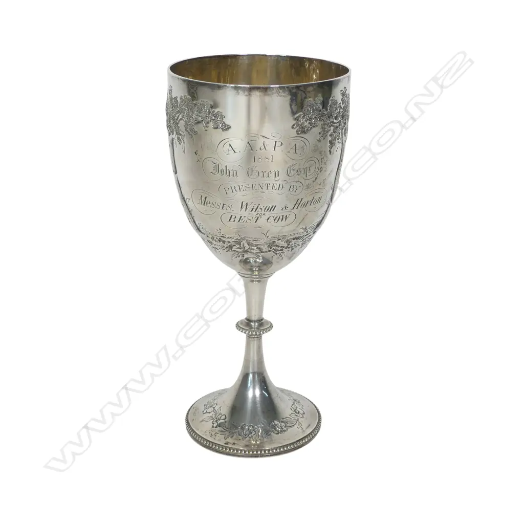 The New Zealand historic 'A.A. & P.A. 1881' silver trophy cup for Best Cow, presentation engraved, awarded to John Grey Esq. and presented by 'Messrs. Wilson & Horton'. Engraved and embossed with a cow. London 1879 by Richards & Brown (Edward Charles Brown). H.195mm. 208gms. Image 1++