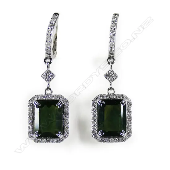 A pair of 14ct white gold green sapphire and diamond halo drop earrings,
