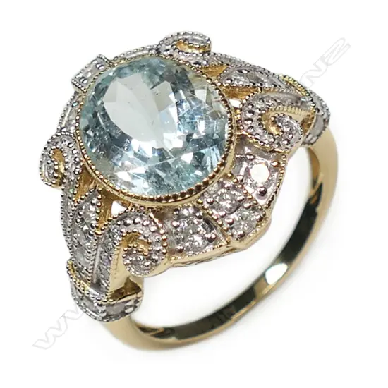 A 14ct gold aquamarine and diamond antique style ring,
