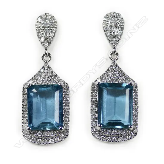 A pair of 14ct white gold aquamarine and diamond drop earrings,