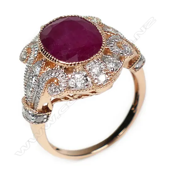 A 14ct rose gold ruby and diamond vintage style ring,