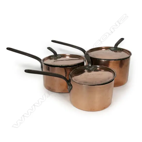 Three heavy antique copper pots,