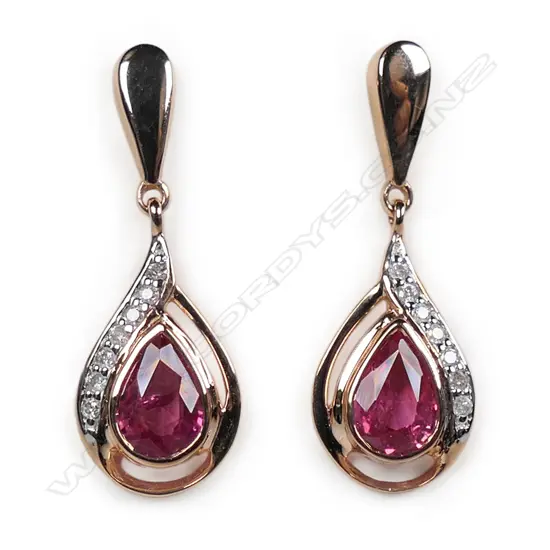 A pair of 14ct rose gold pink sapphire and diamond vintage style drop earrings,
