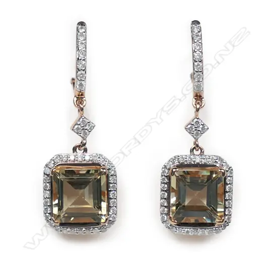 A pair of 14ct rose gold heliodor and diamond halo drop earrings,