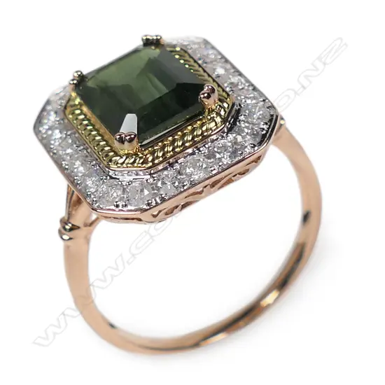 A 14ct rose, yellow and white gold green sapphire and diamond ring,