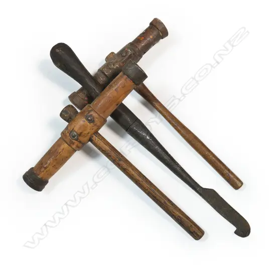 Two antique shipwright caulking hammer / mallets and other tool,