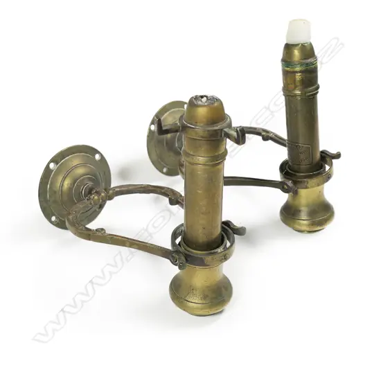 A pair of c.1900 brass ship's gimbal wall mounting candlesticks,