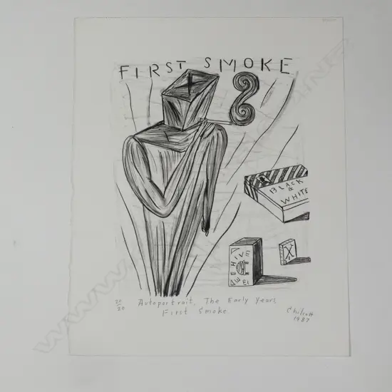 Gavin Chilcott (b. 1950) 'Autoportrait. The Early Years. First Smoke' lithograph