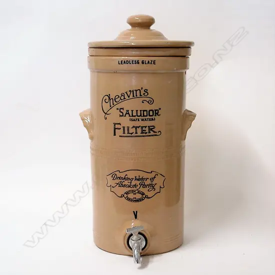 A vintage Cheavin's 'Saludor (Safe Water)' stoneware water filter