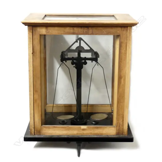 A mahogany cased set of chemical scales