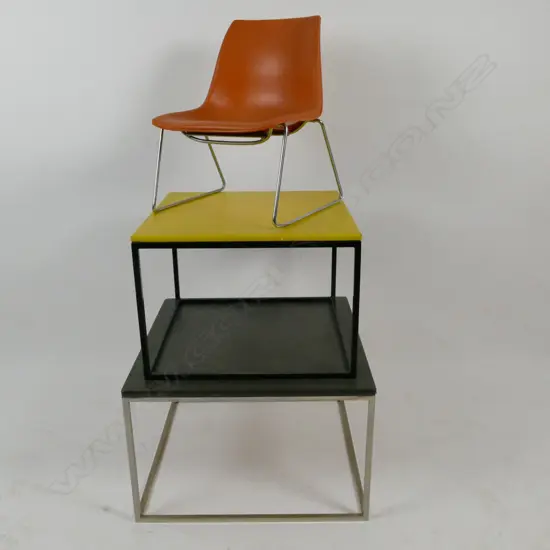 Three small metal framed tables and a Sebel Mini Hobnob chair