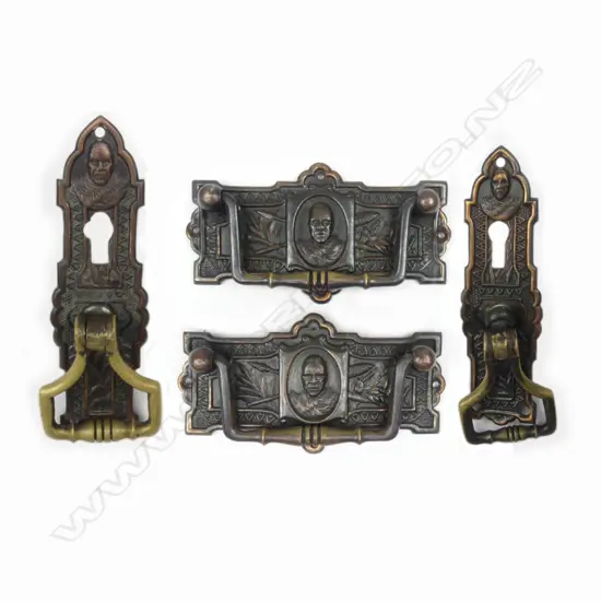 Four Anton Teutenberg (1840-1933) Maori decorated pressed copper furniture handles