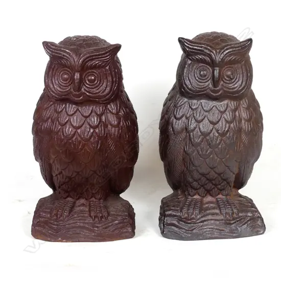 A pair of high fired stoneware garden owl statues