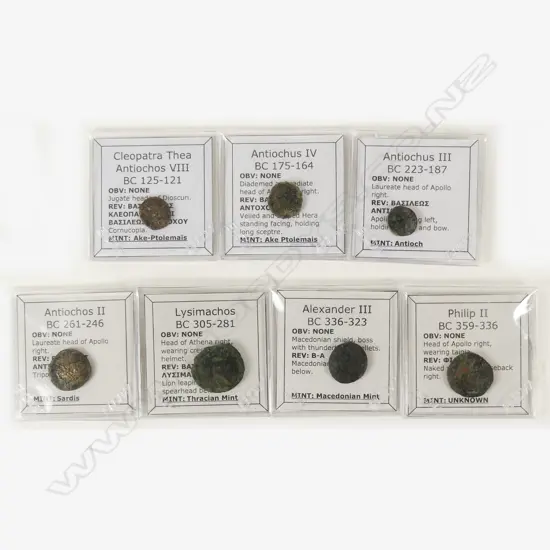 Seven Greek coins from different kings 400-100 BC