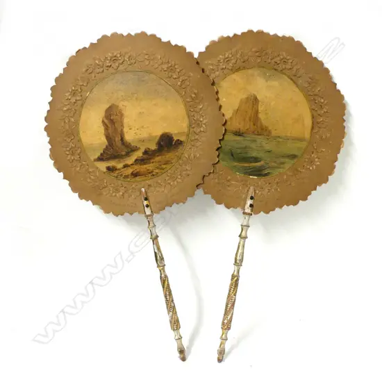 A pair of 19thC N.Z. hand painted lady's face screens