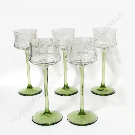 A set of five Bohemian Art Nouveau long stemmed wine glasses