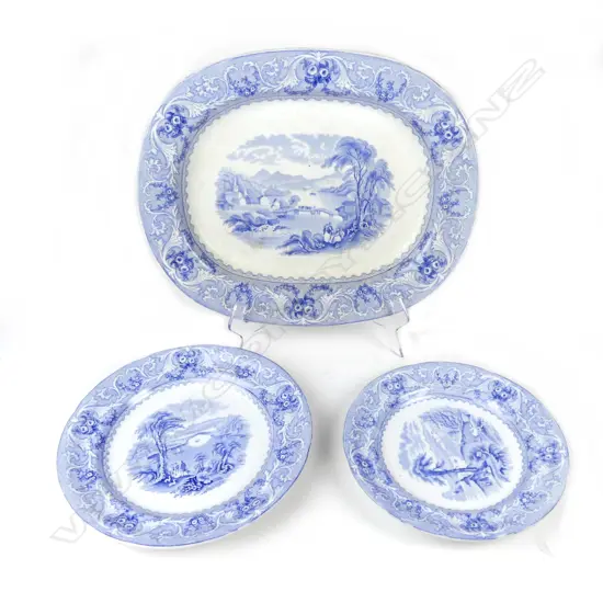 Three Victorian Francis Morley and Co. blue and white plates