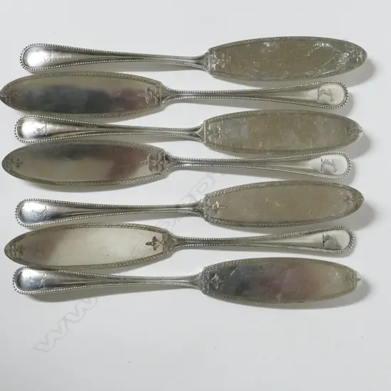 Seven silver plated bead edge fish knives