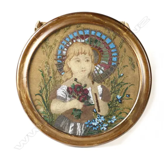 A Victorian beaded portrait 'Girl with Umbrella'