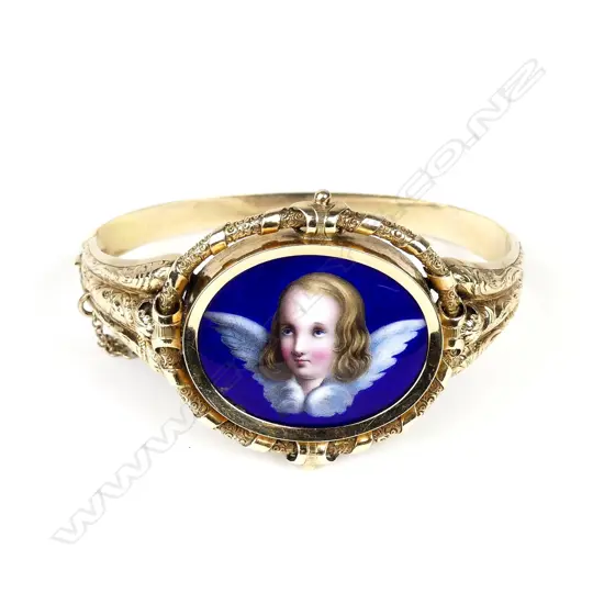 A 19thC gold and enamel plaque decorative half-hinged bangle