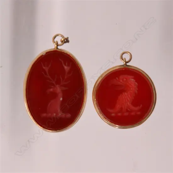 Two 19thC 9ct. framed intaglio cut seal pendant