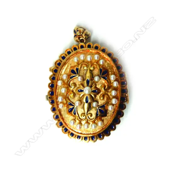 An impressive 19thC 15ct. yellow gold enamelled and seed pearl jewelled locket