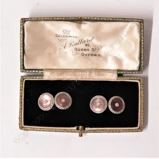 A pair of 14ct. yellow gold mother-of-pearl and diamond gent's cuff links