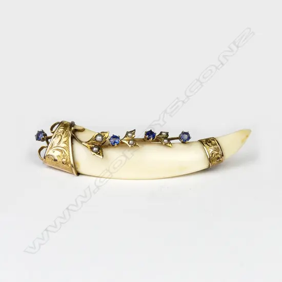 George E. Whitmore N.Z. colonial made 9ct. yellow gold and jewelled tusk brooch