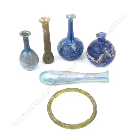 Five Roman glass unguentaria and a bangle